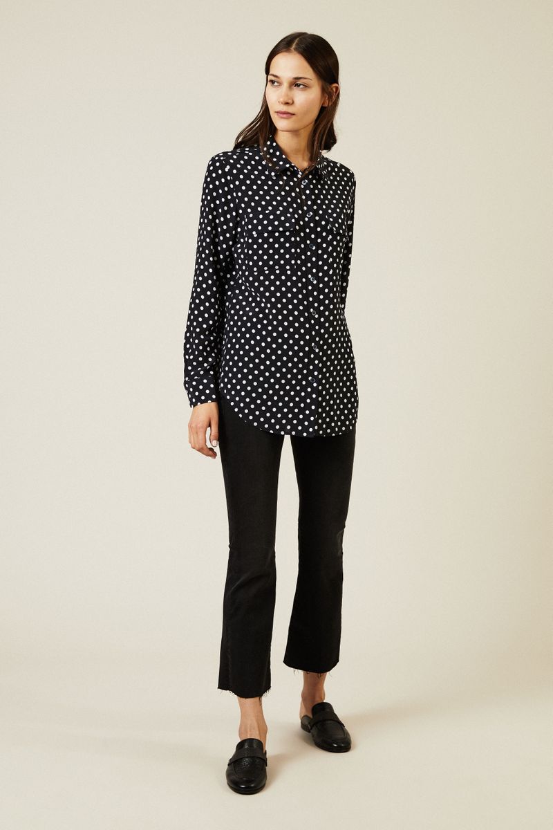 Gepunktete Seidenbluse 'Slim Signature' Blau/Weiß