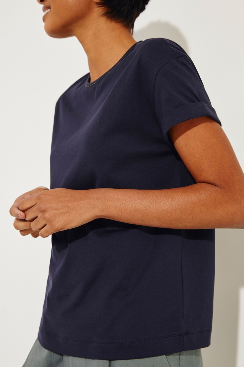 T-Shirt mit Perlenverzierung Marineblau