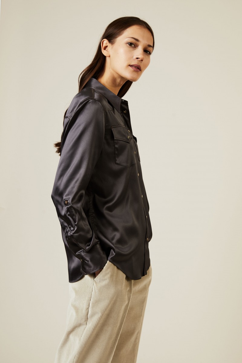 Seidenbluse mit Steppnähten Anthrazit