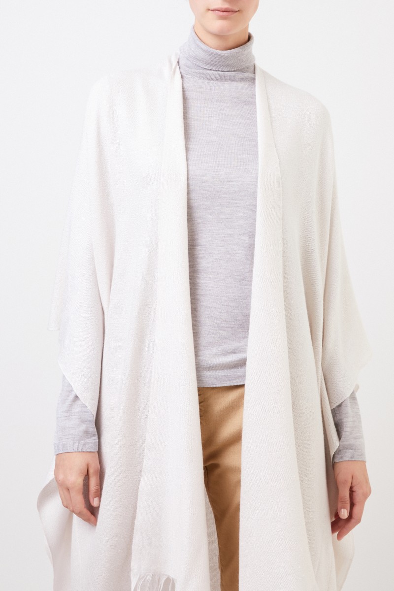Cashmere-Seiden Poncho mit Fransen-Details Beige