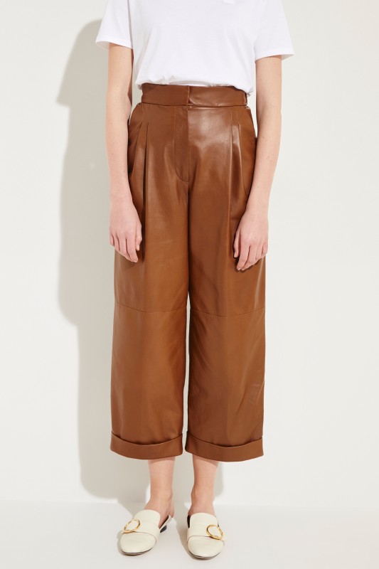 Leder-Bundfaltenhose Braun