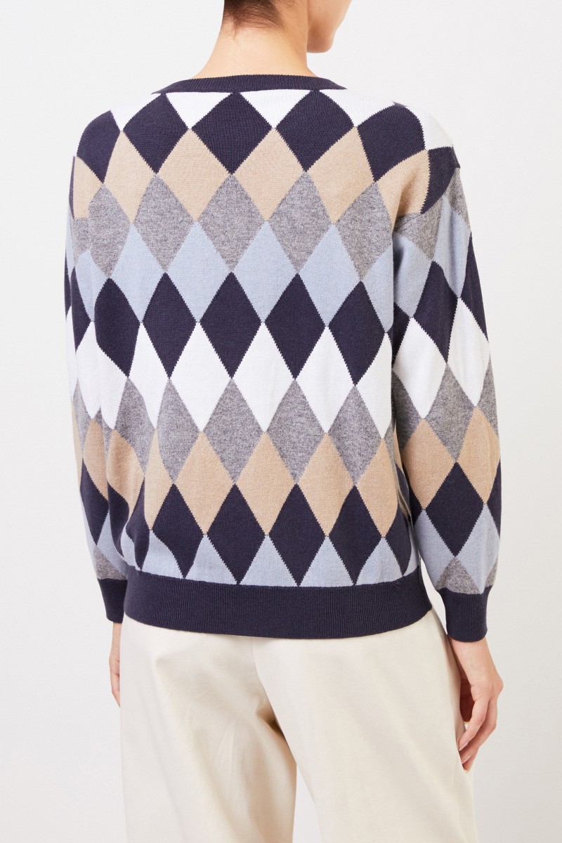 Brunello Cucinelli Woll-Pullover mit Karomuster Blau/Multi