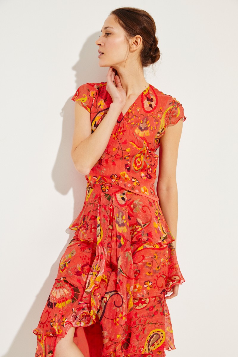 Kurzes Seiden-Kleid mit Rüschen Rot/Multi