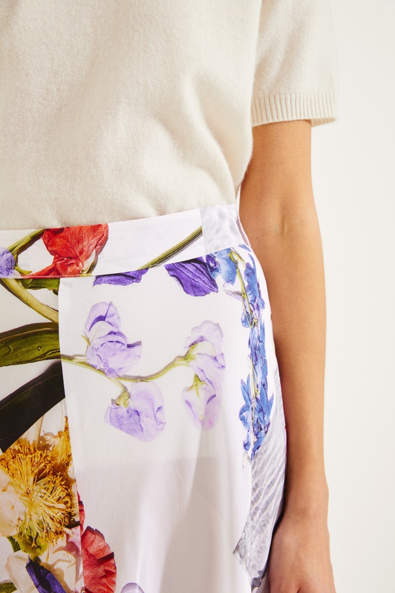 Seiden-Rock mit floralem Print Weiß/Multi