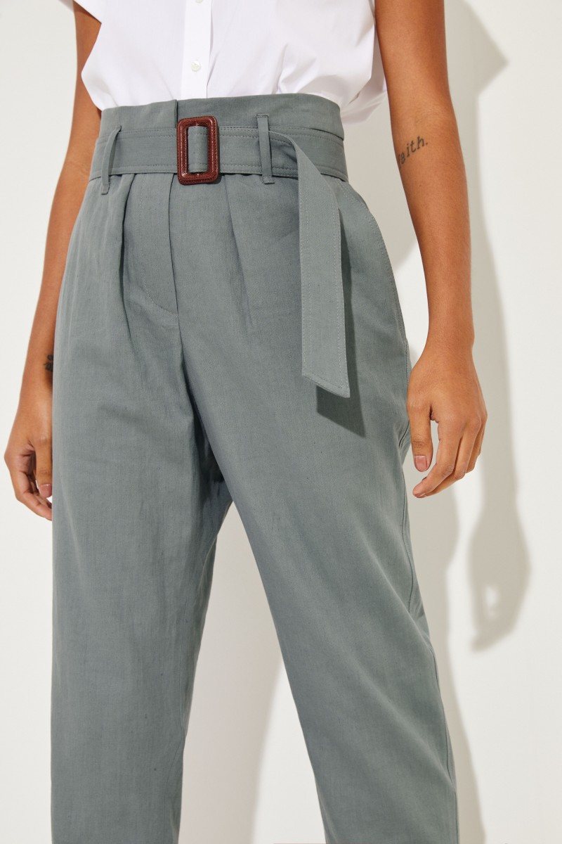 Leinen-Baumwoll-Hose mit Gürtel Grün