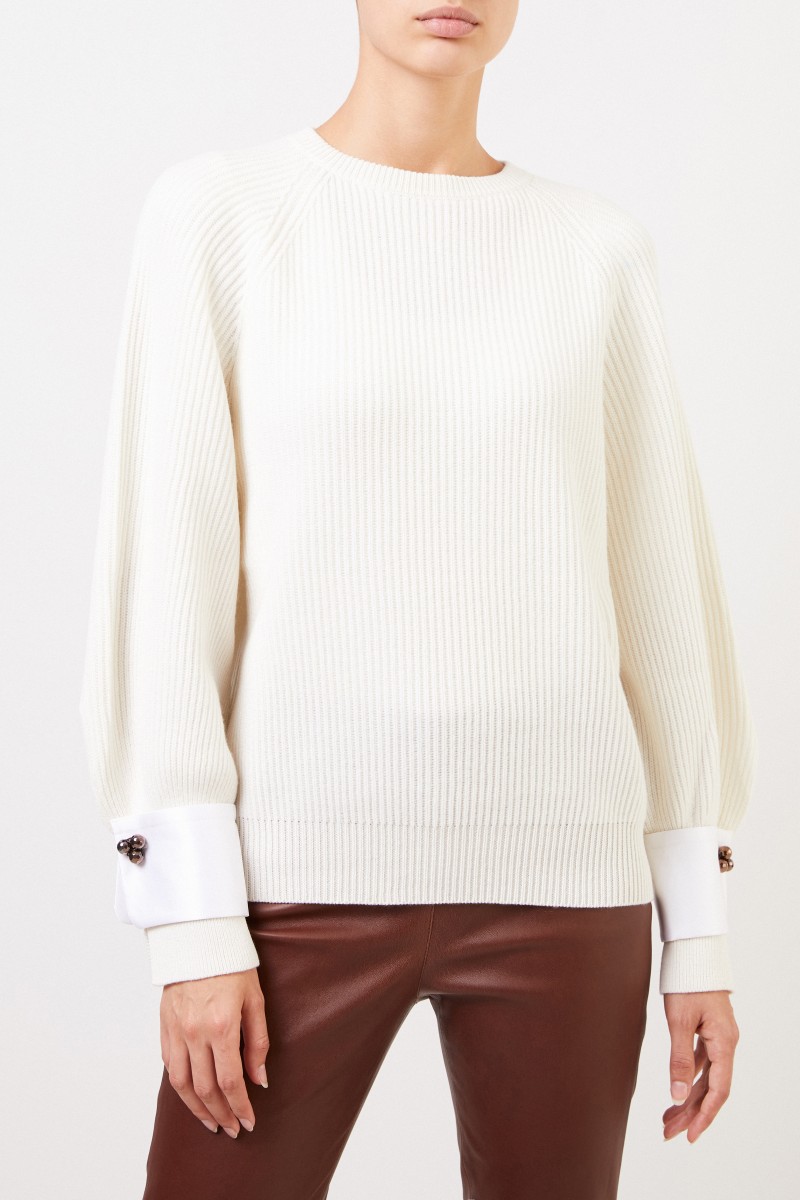 Brunello Cucinelli Cashmere-Pullover mit Manschettendetails Crème