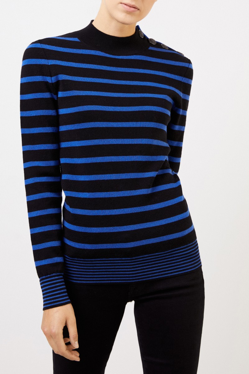 Stella McCartney Gestreifter Woll-Pullover mit Knopf-Detail Schwarz/Blau