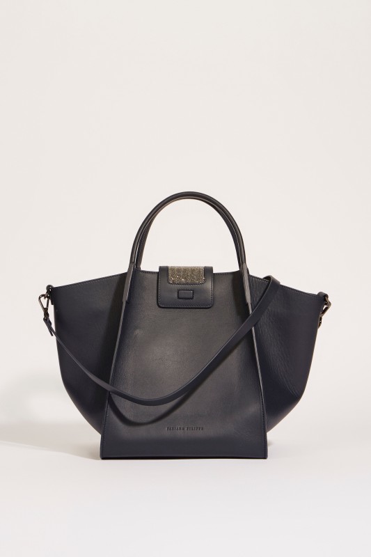Leder-Tasche 'Viola' mit perlenverzierter Lasche Blau