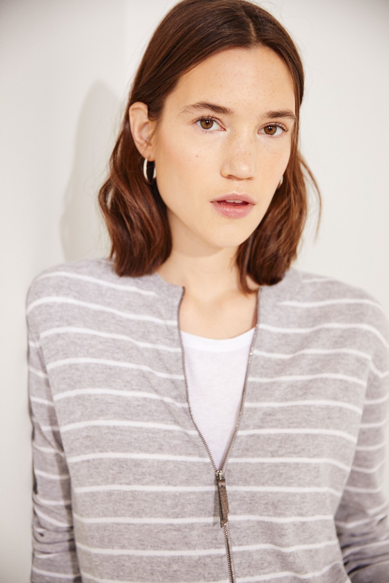Gestreifter Cashmere-Cardigan Grau/Weiß