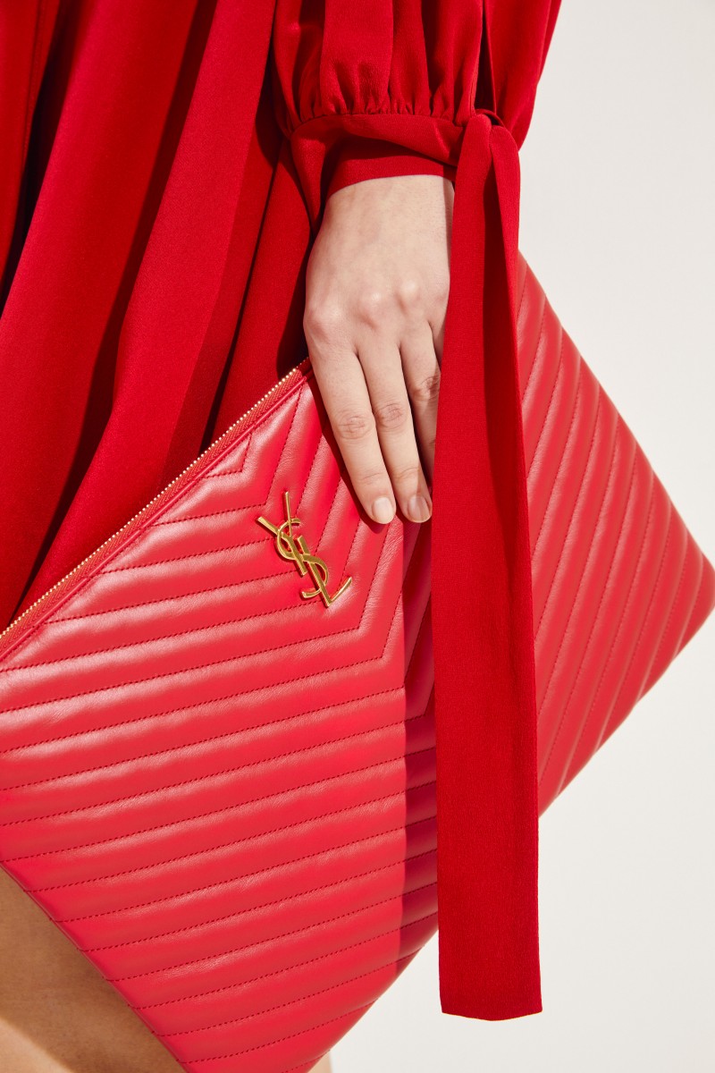 Gesteppte Leder-Clutch L mit Logo Rot