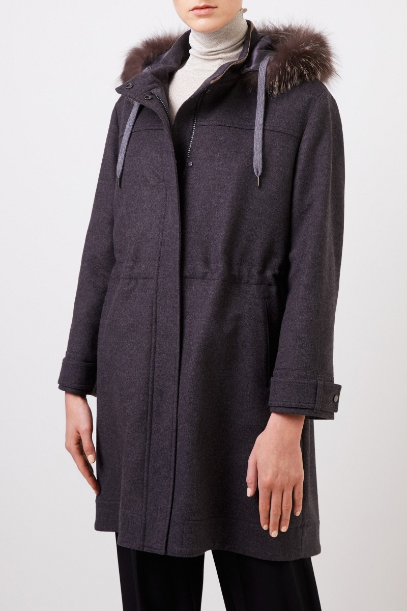 Brunello Cucinelli Woll-Cashmere-Parka mit Pelzkragen Anthrazit