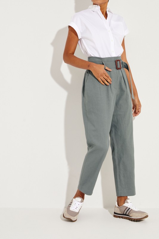 Leinen-Baumwoll-Hose mit Gürtel Grün