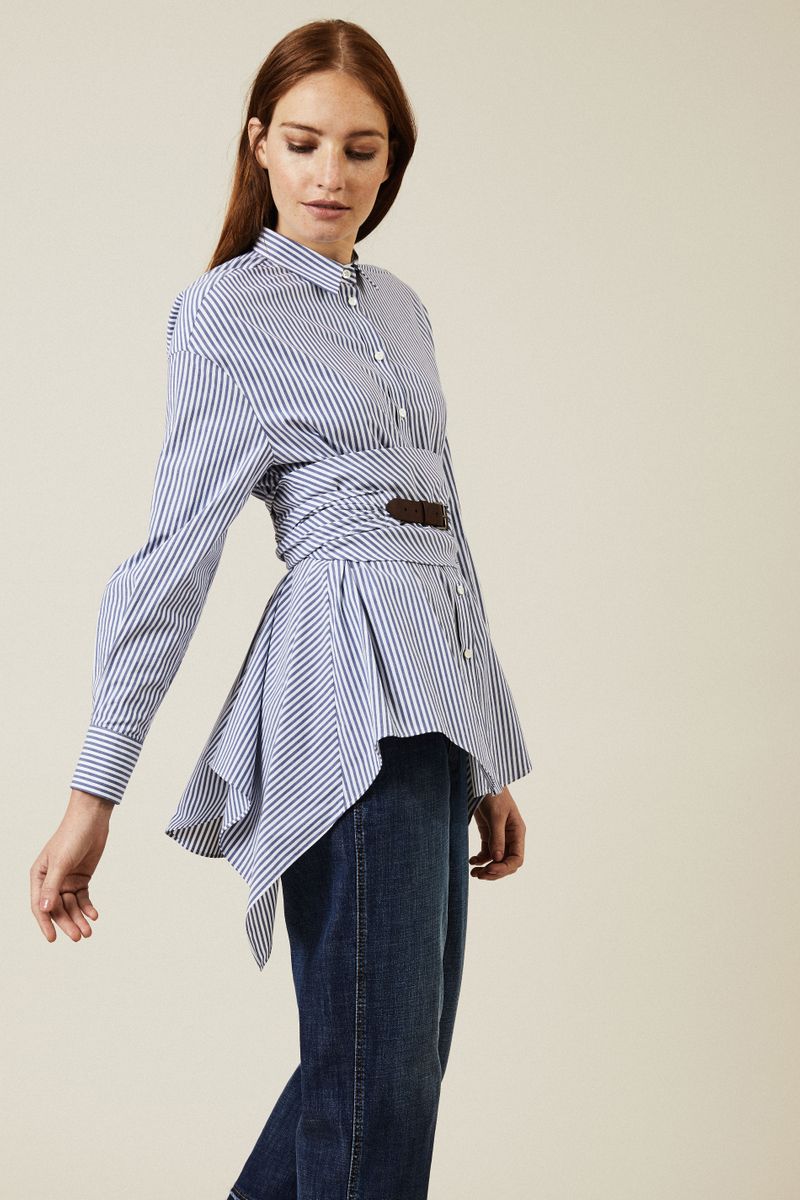 Gestreifte Baumwoll-Bluse mit Gürtel Navy/Weiß