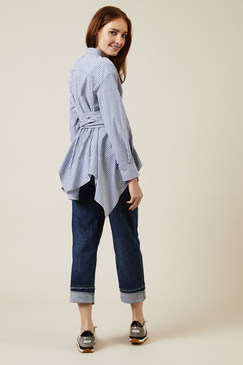 Gestreifte Baumwoll-Bluse mit Gürtel Navy/Weiß