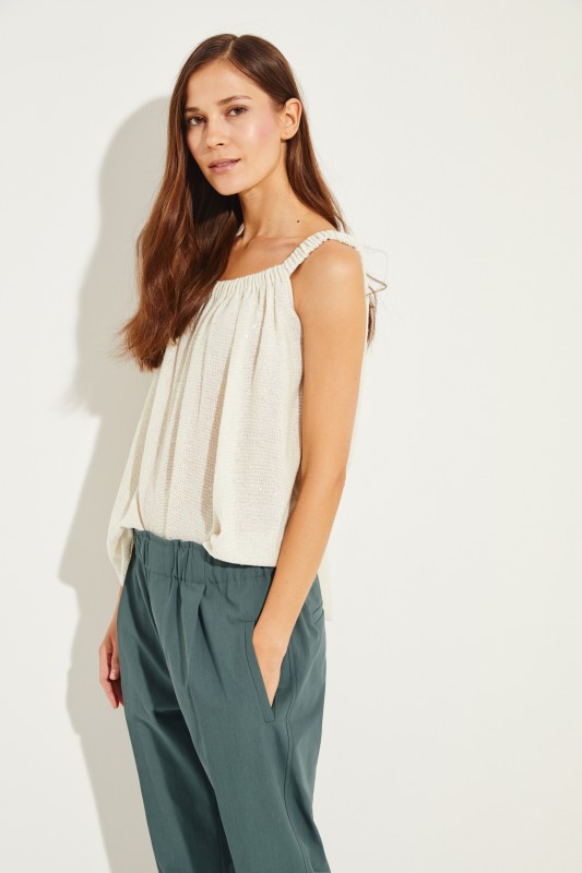 Leinen-Seiden-Top mit Pailletten Beige