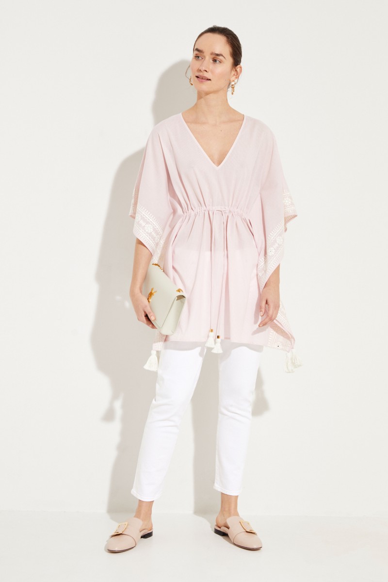 Gestreifter Kaftan 'Ravena' mit Stickerei Rosé/Weiß