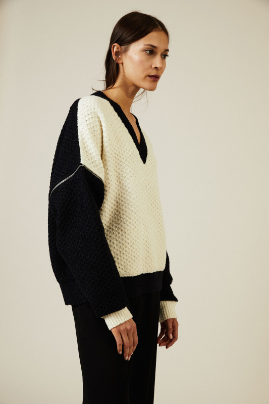 Oversize Woll-Pullover mit Reißverschlüsse Navy/Weiß