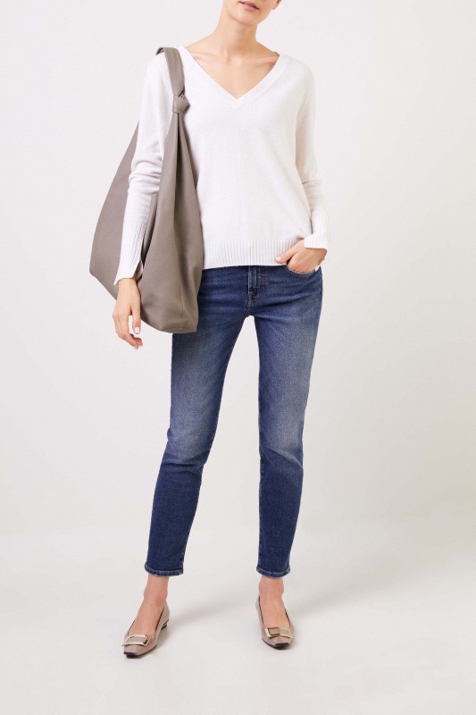 Allude V-Neck Cashmere-Pullover mit Schlitzen Crème