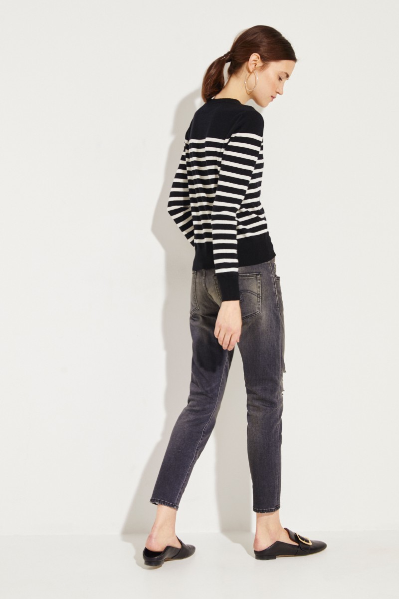 Gestreifter Cashmere-Pullover Schwarz/Créme