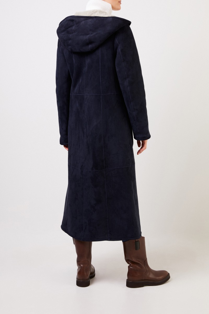 UNGER Wende-Lammfellmantel mit Kapuze Navy/Ecru