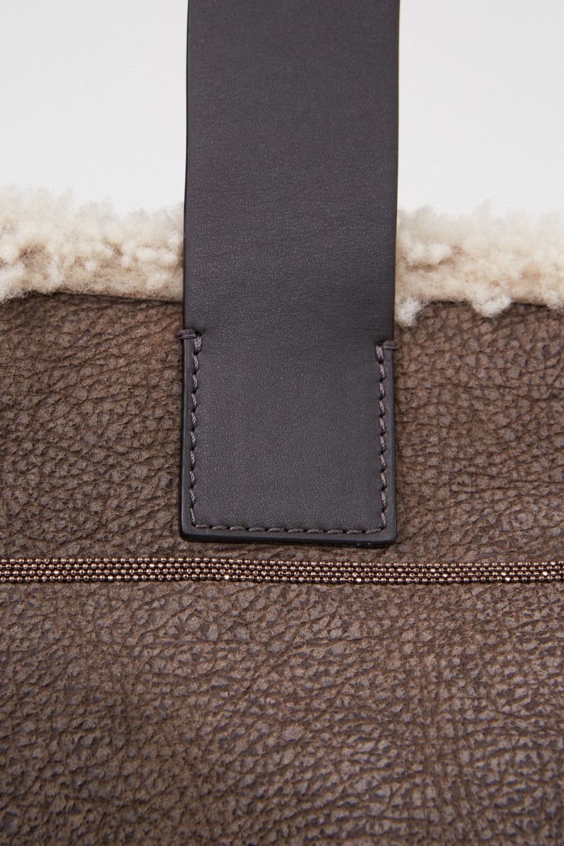 Lammleder-Shopper mit Perlenverzierung Taupe