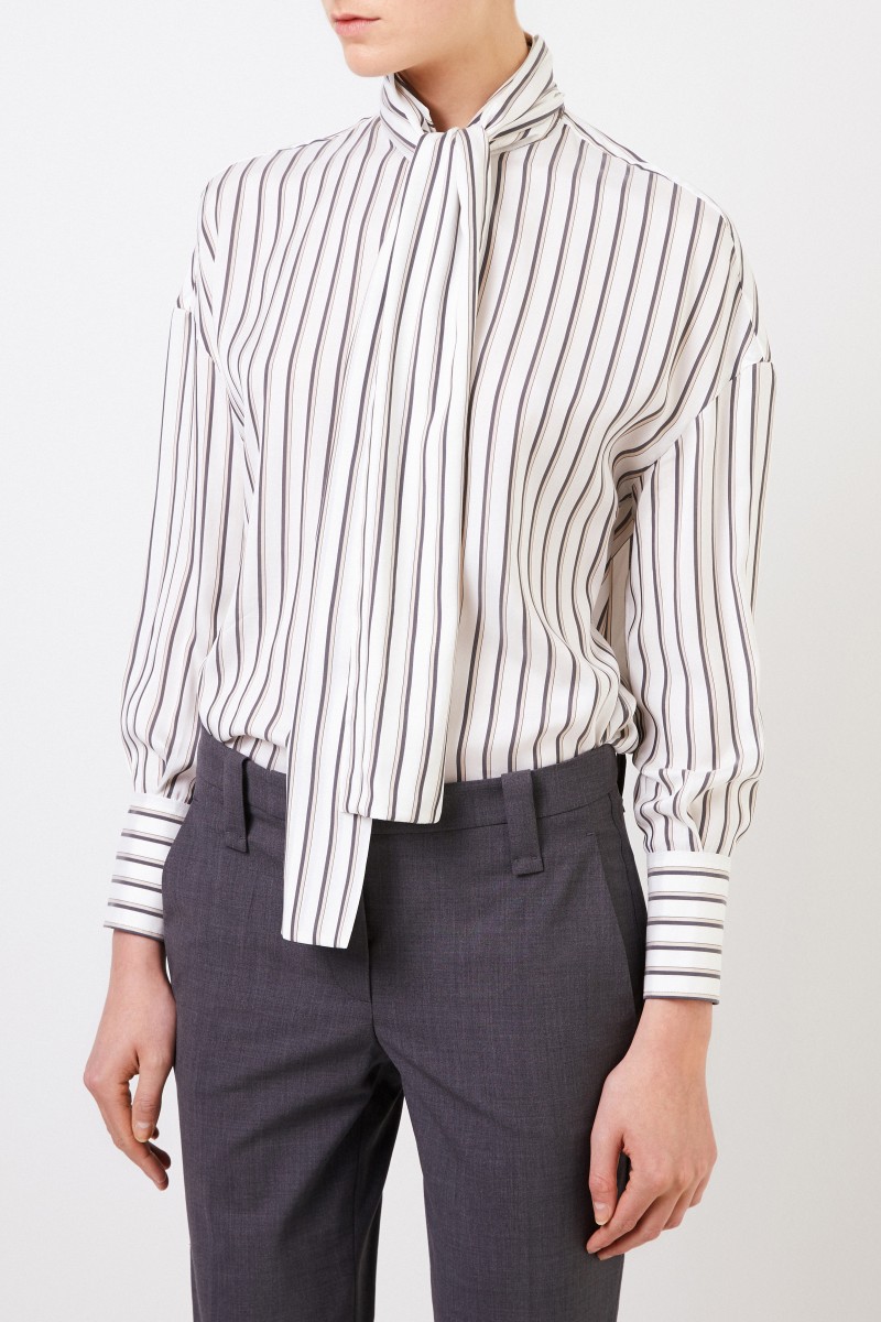 Gestreifte Seidenbluse mit Schluppendetail Crème/Multi