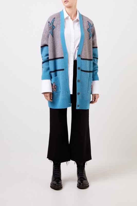 Woll-Cardigan Grau/Blau