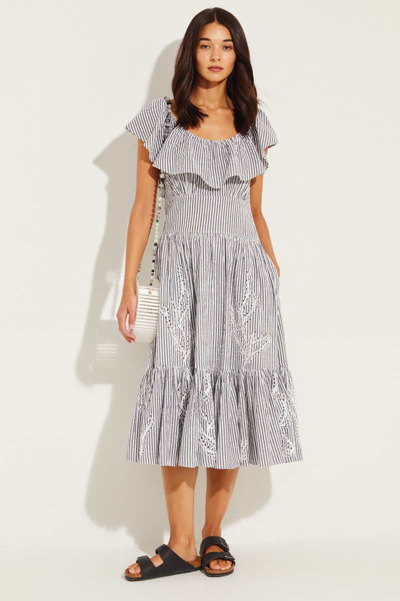 Baumwoll-Kleid mit Stickerei und Gürtel Blau/Weiß