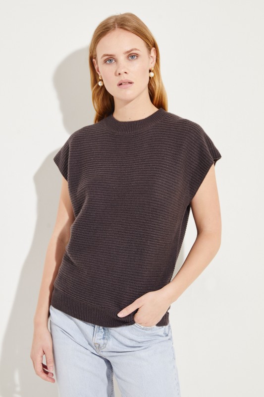 Kurzarm Woll-Cashmere-Pullover Dunkelbraun
