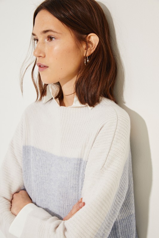 Cashmere-Leinen-Pullover Blau/Weiß