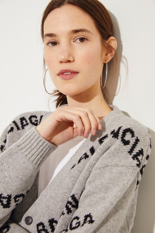 Langer Woll-Cardigan mit Logo Grau/Schwarz