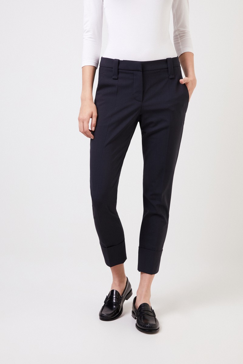 Woll-Hose mit Saumumschlag Marineblau