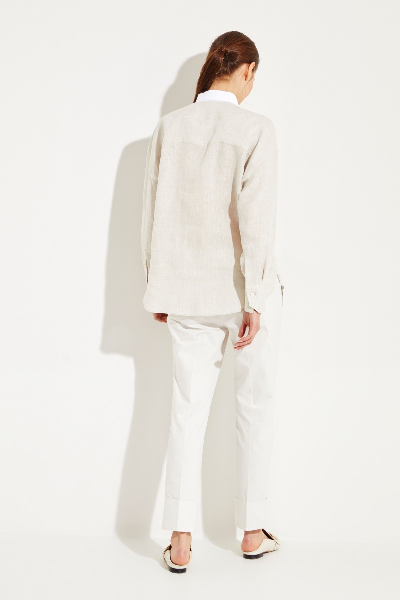 Leinen-Bluse mit Perlenverzierung Beige