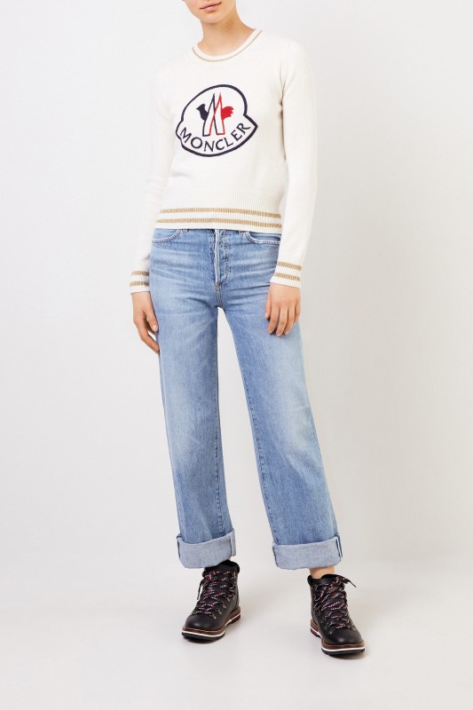 Moncler Woll-Cashmere-Pullover mit Logo Crème
