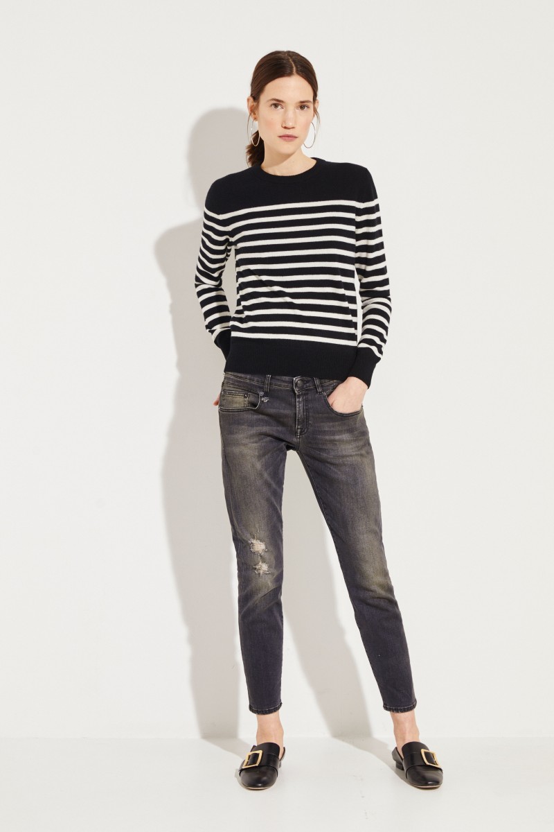 Gestreifter Cashmere-Pullover Schwarz/Créme