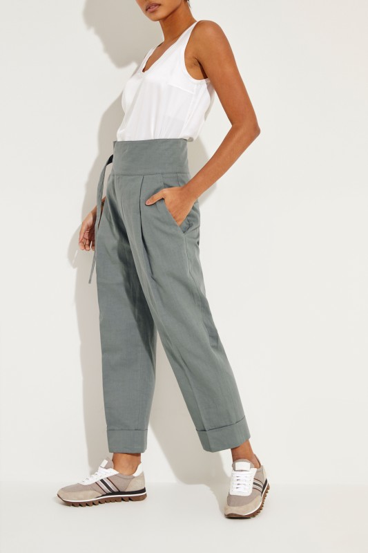 Baumwoll-Leinen-Hose mit Gürtel Grün
