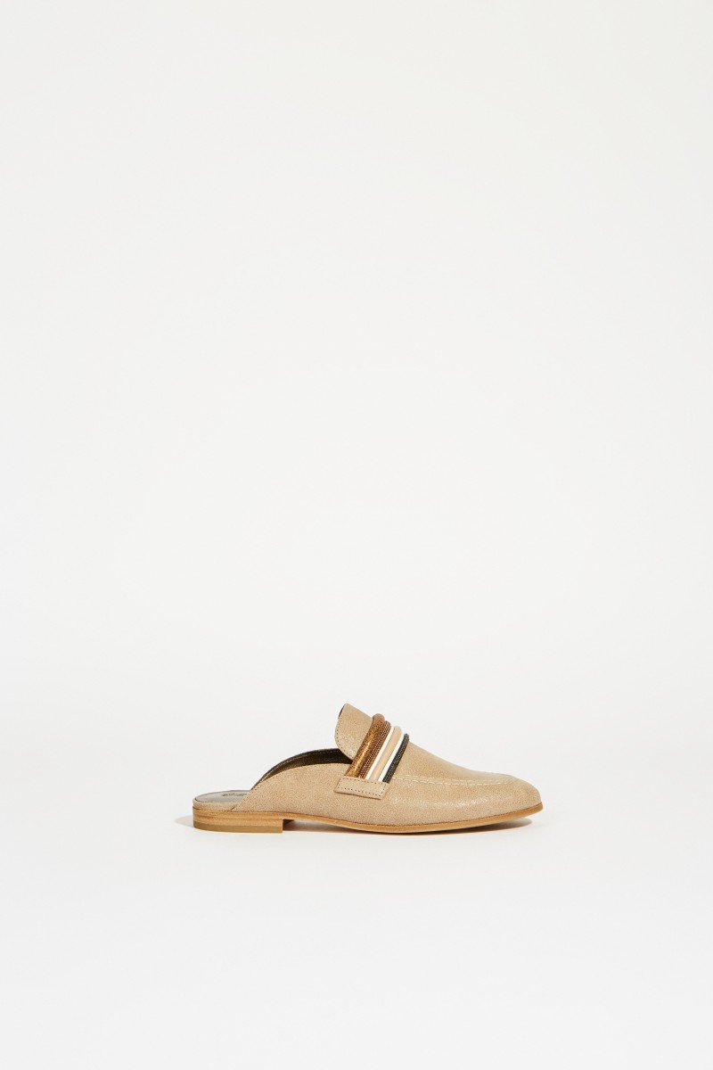 Leder-Mule mit Perlenverzierung Beige