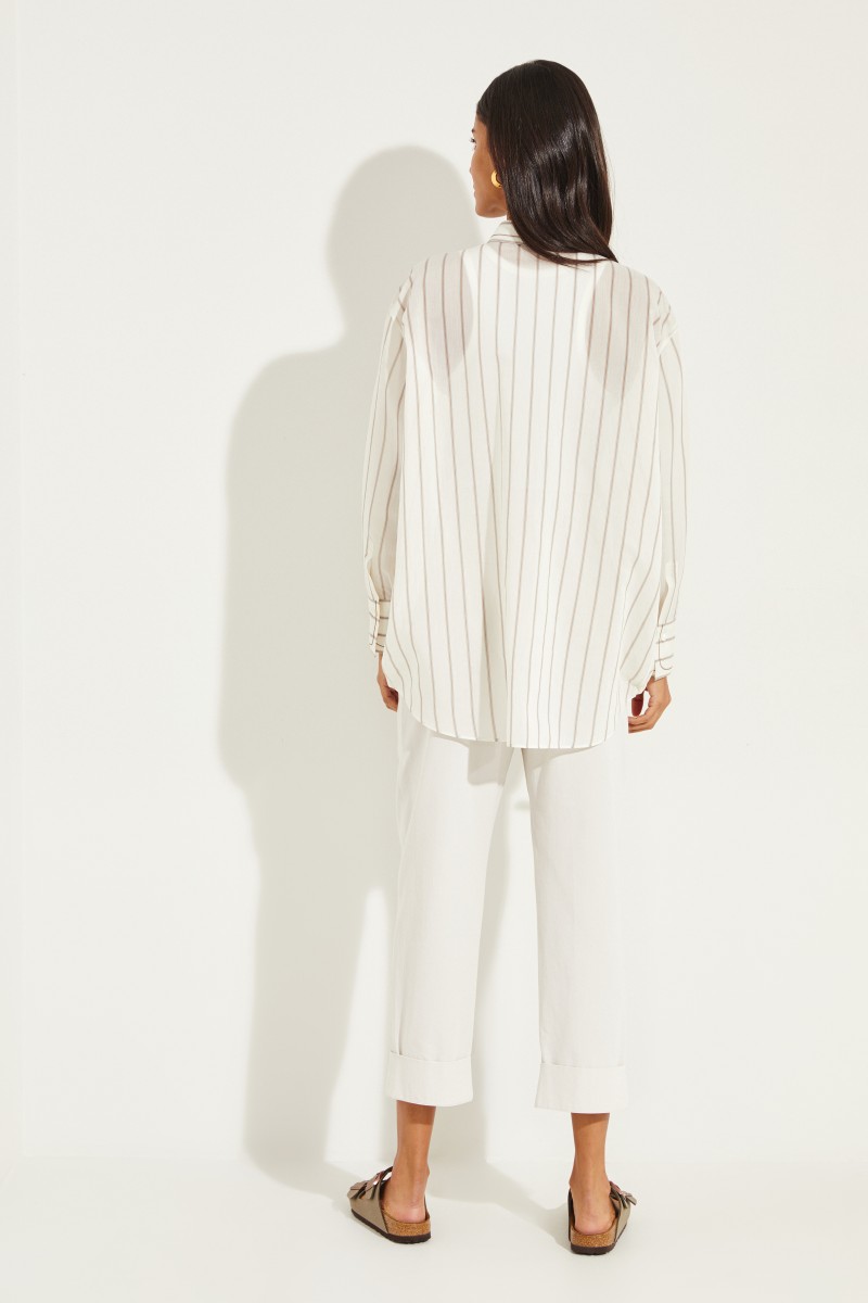 Gestreifte Baumwoll-Seiden-Bluse Beige/Crème