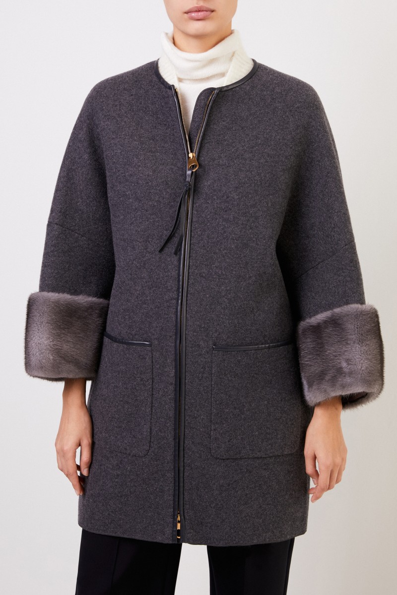 Cashmere-Mantel mit Nerzdetails Anthrazit