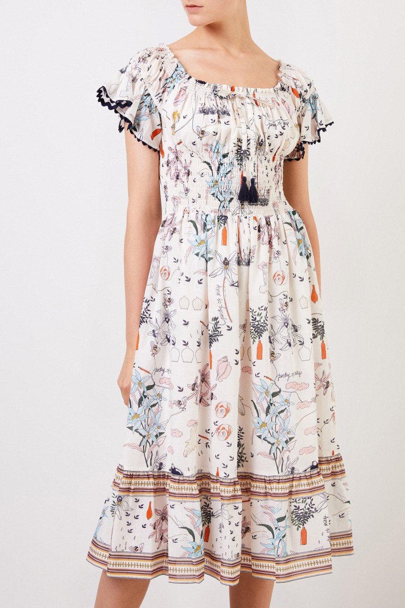 Langes Kleid mit gesmokter Taille Multi
