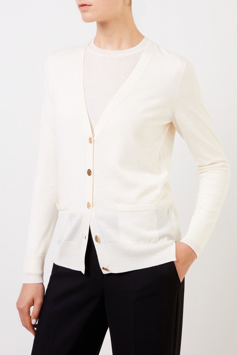 Tory Burch Woll-Cardigan 'Madeline' mit Logo-Knöpfen Crème