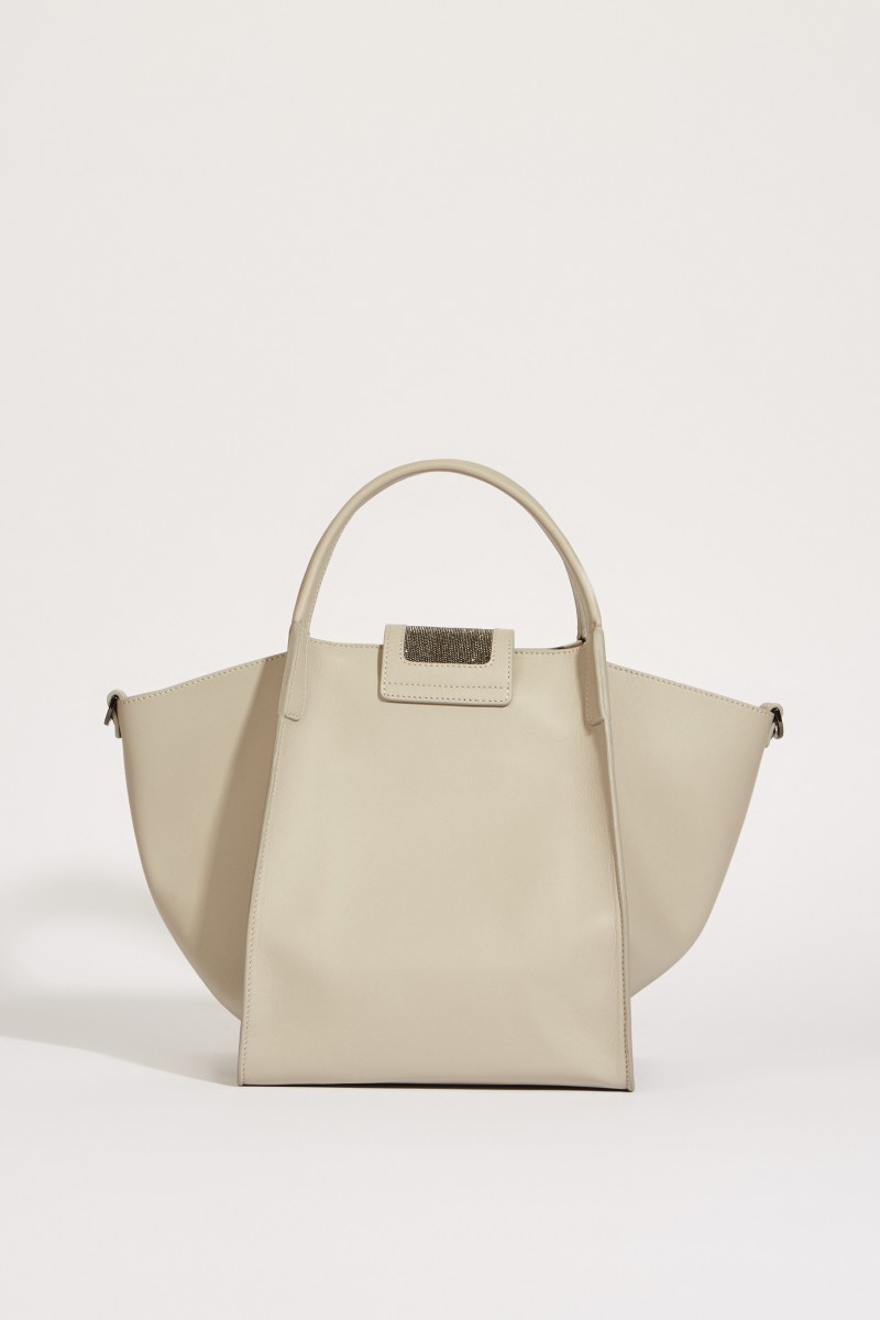 Leder-Tasche 'Viola' mit perlenverzierter Lasche Taupe