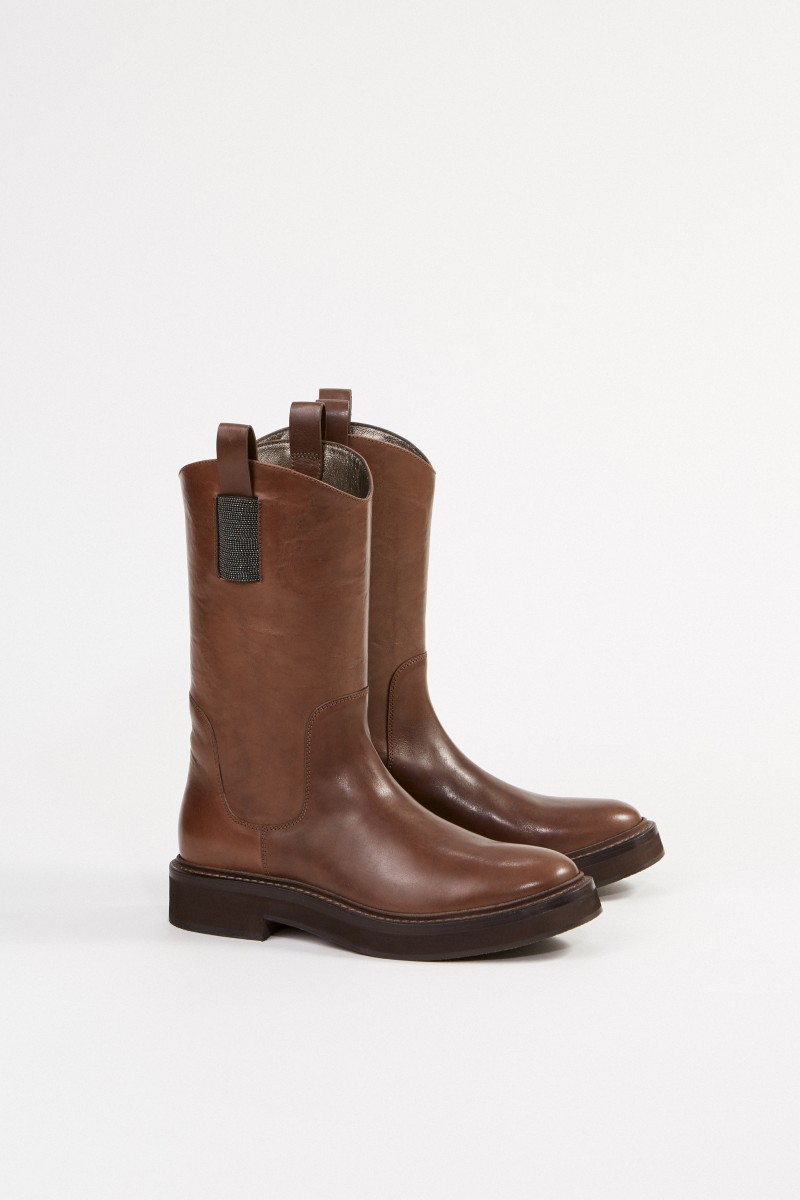 Leder-Stiefel mit Perlenverzierung Braun