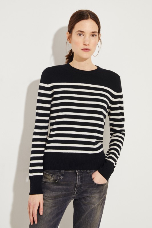 Gestreifter Cashmere-Pullover Schwarz/Créme