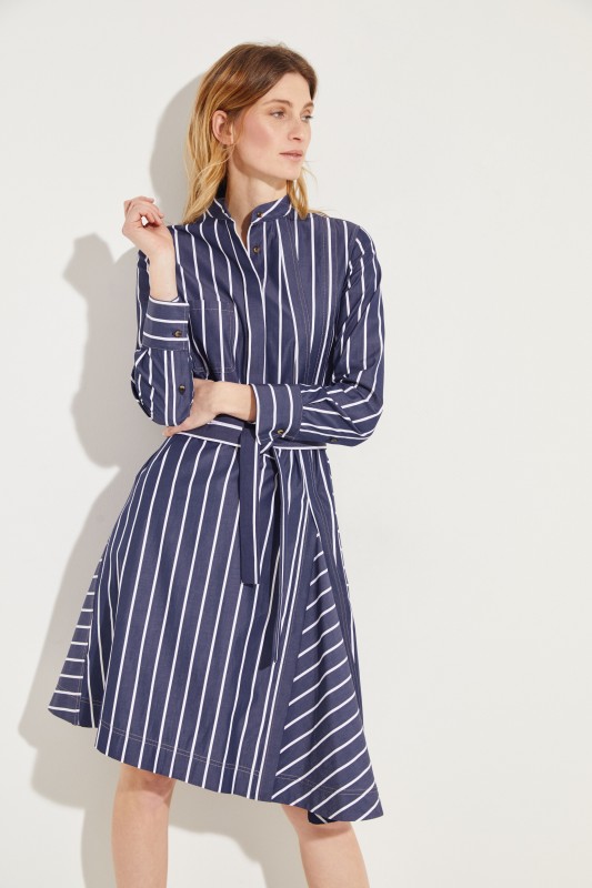 Gestreiftes Baumwoll-Kleid mit Gürtel Blau/Weiß