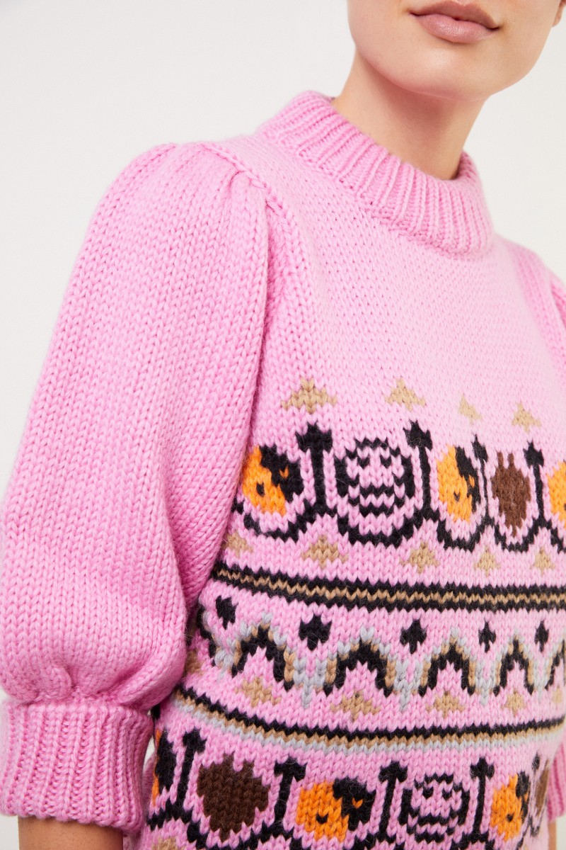 Ganni Handstrick Woll-Alpaca-Pullover mit Muster Pink/Multi