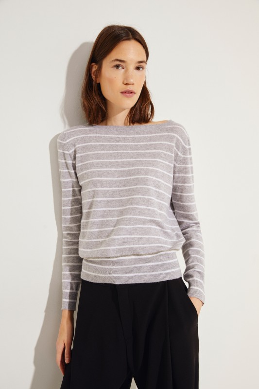 Cashmere-Pullover mit Schleifenverzierung Grau/Weiß