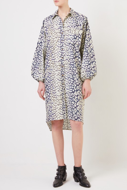 Hemdblusenkleid mit Leoprint Beige/Blau