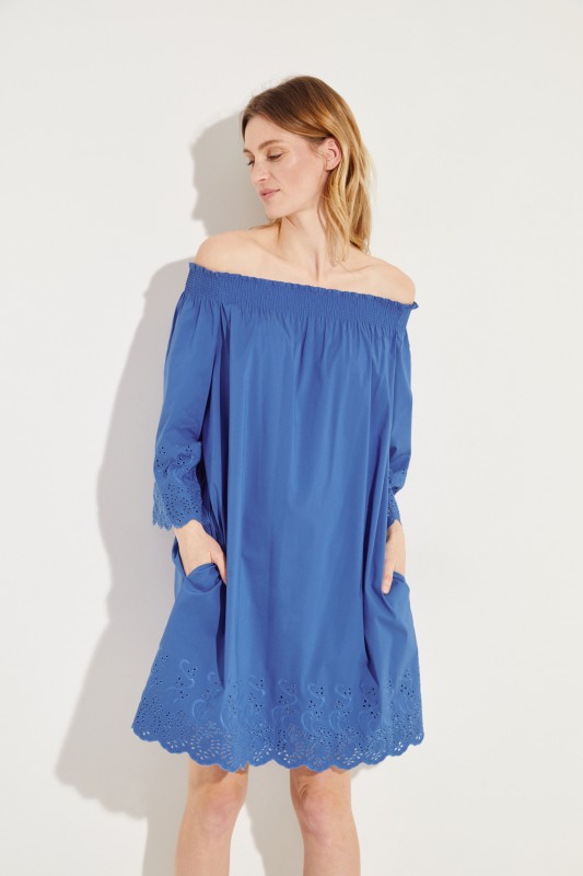 Off-Shoulder Kleid mit Stickerei Blau
