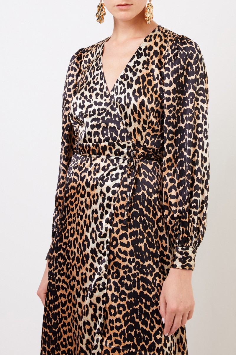 Ganni Seiden-Wickelkleid mit Leoprint Multi